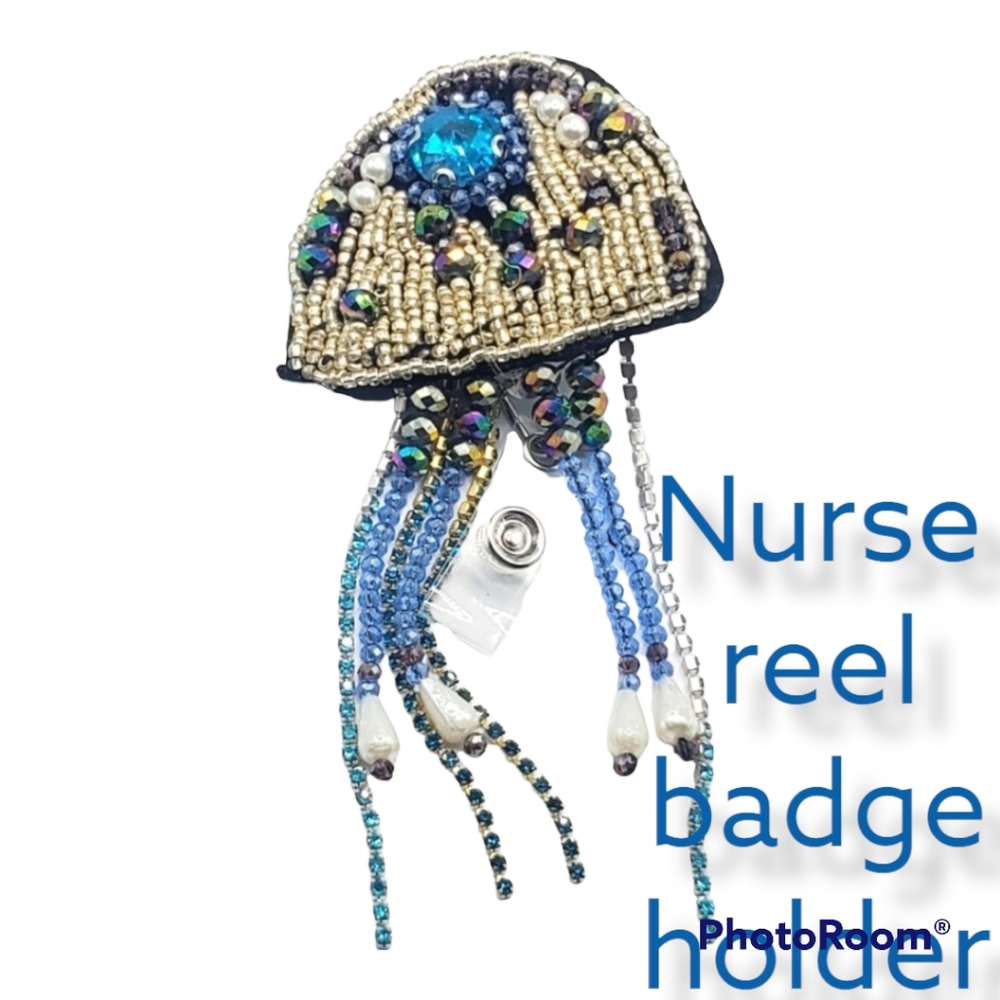 Jellyfish beaded badge holder reel lanyard nurse doctor medical handmade
